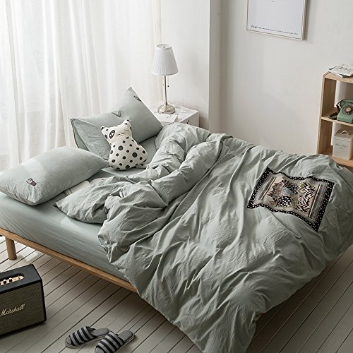 Simple adorable cartoon tide embroidered four piece cotton cotton double bed sheet quilt mattress cover,Fitted styles,Occipital green - wave point cat,1.5m (5 feet) bed