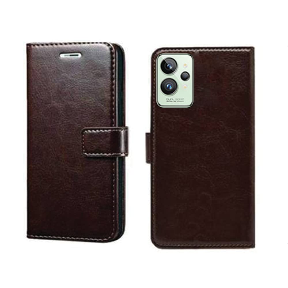 Pinaaki Enterprises Realme GT 2 Pro Flip Case | Premium Leather Finish Flip Cover | with Card Pockets | Wallet Stand |Complete Protection Flip Cover for Realme GT 2 Pro - Coffee