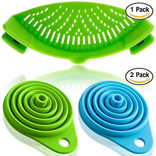 Silikon-Snap-Sieb mit 2 Zusammenklappbaren Trichtern, FineGood Hands-Free Clip-on Hitzebeständiger Colander Pour-Auslauf für Pasta Gemüse-Nudeln Topfschale Pan – Green - 2