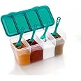 HAPPI Multipurpose Plastic 4 In 1 Masala Box for Kitchen,Spice Boxes for Kitchen,Transparent 4 Compartment Storage Containers Airtight Grocery, Dry Fruits Box 1800 Ml with 4 Spoons(Sea Green)
