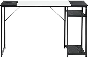 Homy Casa Biurko komputerowe 120 cm, stół do pisania z półkami do przechowywania, oszczędność miejsca, do domowego biura, nowoczesny prosty styl, biurko PC, czarna metalowa rama, czarno-biały blat