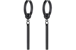 PROSTEEL Boucles d'Oreilles Homme, Créoles 12mm avec Pendantes Barres en Acier Inoxydable/Plaqué Or/Noir, Hip Hop Drop Earring, Style de Rue