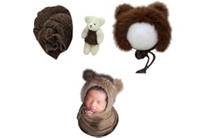 Surakey Pack of 3 Baby Newborn Photography Prop Wraps Hat & Bear Doll, DIY Photo Props, Infant Wrap Blanket Costume, Headwrap, Photo Shoot for 0-6 Months, Brown
