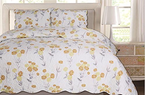 Luxury quilted bedspread/throws with pillowcases printed polyester new (Orange Daisies Quilted Throw set)