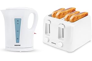 GEEPAS 1.7L Electric Kettle & 4 Slice Bread Toaster Kitchen Combo Set | 2200W Cordless Jug Kettle Auto Shut-Off | 1400W Toastie Machine 6 Browning Level Removable Crumb Tray | 2 Year Warranty, White