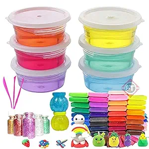 Firstly Traders DIY Slime Kit with 6 Crystal Slime+ 36 Air Dry Clay+ 2 Slime Pot with Free Tools and Glitter for Kids Boys and Girls Age 3+ Years Magic Mud Surprise Gift
