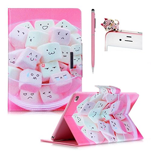 ipad air 2 Hülle Leder Emoji Zuckerwatte Muster,SKYXD [Auto Schlaf/Wach Funktion] PU Folio Klappbar Schutzhülle [Standfunktion/Brieftasche Kartenfach/Magnet] Klapphülle mit [Katze Handyanhänger + Eingabestift] 3 in 1 Zubehör Handy Tasche Etui for Apple ipad air 2/ipad 6 Bookstyle Flip Case Leather Cover With [Stylus and Dust Plug]