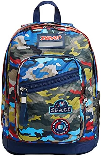 Seven Zaino New Fit, Doppio Scomparto, Tasca Porta Borraccia, Scuola e Tempo Libero, Camo Stains, Bambini e Ragazzi, blu