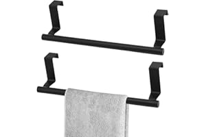 DIBALIYI 2 Pcs Stainless Steel Towel Holder, Over Door Towel Rail with Protective Strip, Towel Bar Holder, Silver Dish Towel rack for Kitchen Bathroom Cupboards Drawer (2*Small-Black)