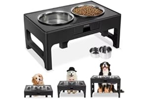 AISHNA Elevated Dog Bowls, Stainless Steel Raised Bowl with Adjustable Stand, Double Food and Water for Medium Large Dogs or Cat, 3 Heights 3.9”, 7.8”, 11.8” (Black)