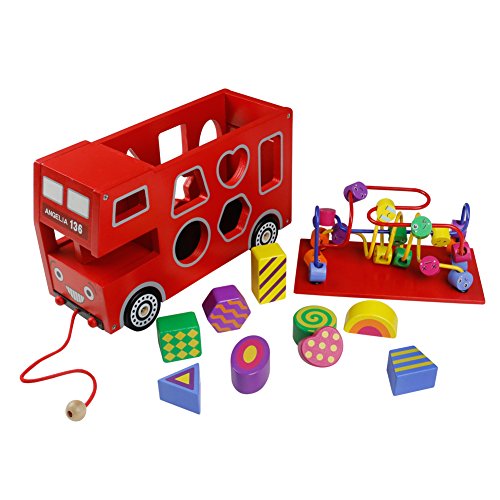 Wooden Bus, Red Bus Toy, Kids Bus, Bus Sorter, 4 in 1 Wooden Shapes Sorter Pull Along Toy for Children Aged 3 4 5 6