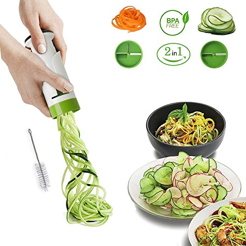 Cortador verduras manual Cortador en Espiral Vegetal Zucchini Spiralizer, Rallador de Zanahoria, cortador de espaguetis de verduras, rallador de verduras Hand Held Spiral Slicer (2 in 1 cuchillas) (14_cm, Verde)