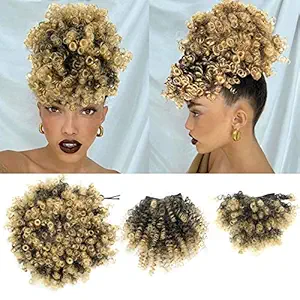 Afro Puff Bun with 2 Replaceable Bangs for Natural Hair Afro High Puff Drawstring Ponytail with Afro Puff Bangs and Spring Curl Bangs Clip in Short Afro Kinky Curly Pineapple Hairstyle for Black Women