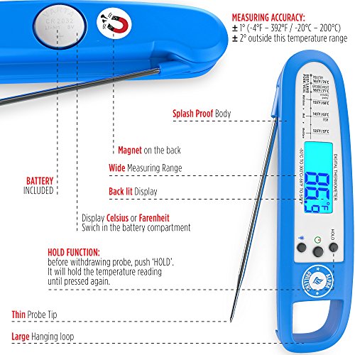 DIGITALES EINSTICHTHERMOMETER / GRILLTHERMOMETER / THERMOMETER für die Küche mit Hintergrundbeleuchtung: sehr schnell und präzis, perfekt zum kochen, backen – Gratis Temperaturtabelle für das Fleisch - 5