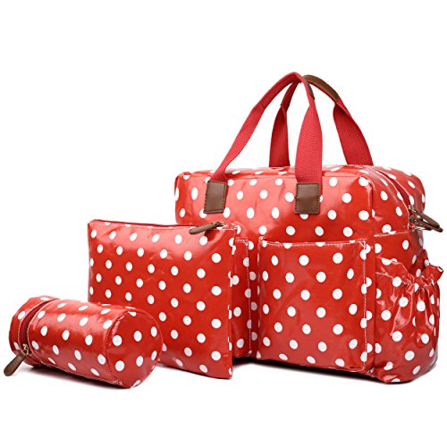 Miss Lulu 4 Piece Polka Dot Baby Nappy Changing Bag Set (Red)