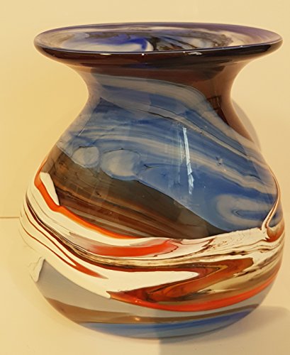 Vase ovale Form, bauchige farbige moderne Glasvase bunte dekorative Blumenvase mit Dekor aus farbigem Glas, mehrfarbig blau-beige marmoriert Tischdekoration mundgeblasen Höhe ca. 19-21 cm Oberstdorfer Glashütte - 3