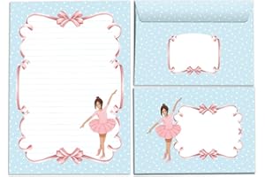 JUNAPACK Bloc de papier à lettre avec enveloppe pour enfants - Ballerine - Set de papier à lettre pour fille - Bloc A5 de 25 feuilles + 15 enveloppes