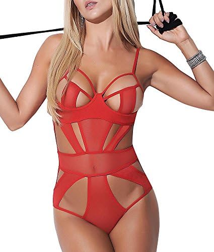 Mapale Lingerie Open Cup Underwired Sheer Mesh Teddy (Red) (UK 6-10)