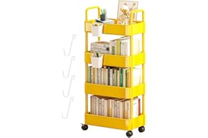 GEHANICO Scaffale in piedi con rotelle, carrello multiuso per riporre riviste e libri, con ruote, carrello mobile multiuso, con ruote, per risparmiare spazio per ufficio (giallo, 4 strati)