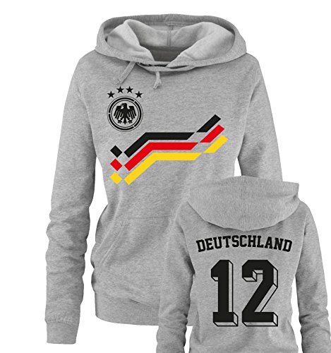 EM 2016 – RETRO-TRIKOT – DEUTSCHLAND – 12 – Damen Hoodie – Grau / Schwarz-Rot-Gelb Gr. XL