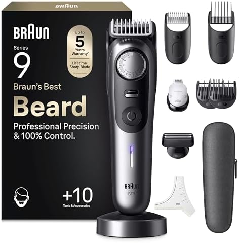 Braun Regolabarba Uomo Series 9, Rasoio Elettrico Barba Braun, +10 Strumenti Da Barbiere, Lama ProBlade Affilata A Vita, 180 Min, Selettore Di Precisione Con 52 Lunghezze, Impermeabile, BT9545, Cromo