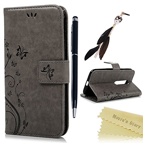 Funda Motorola Moto G3 (3ª Generación),Case Libro de PU Leather Cuero impresión - Mavis's Diary® Funda para móvil MOTO G 3rd Generación Carcasa Con Flip case cover,Cierre Magnético,Función de Soporte,Billetera con Tapa para Tarjetas-Diseño de Flor y Mariposa Gris