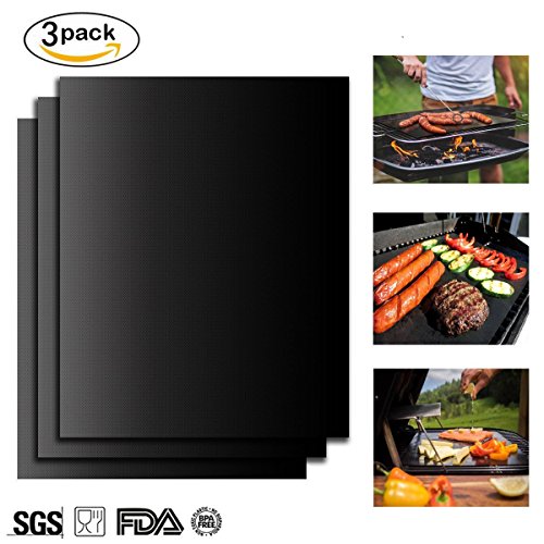 Tapis Barbecue, 3 PCS Feuille Pour Barbecue Tapis de Cuisson Réutilisable en Fibre de Verre Mat 40*33 cm Noir
