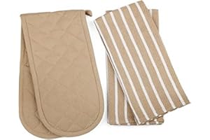 Penguin Home Hitzebeständige Ofenhandschuhe mit 2er-Set, Geschirrtuch-Ofenhandschuhe, Lange Manschetten, Backhandschuhe zum Kochen, (Beige), Größe – (18 x 90 und 65 x 45 cm)