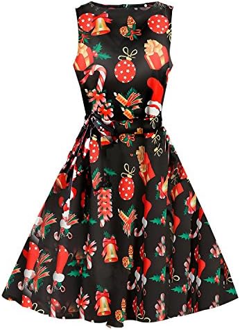 Christmas Dress, iPretty Womens Christmas Swing Dresses Mother and Daughter Ladies Long Sleeve Bell Olaf Santa Gifts & Bells Snowman Xmas Swing Dress Top Plus Size Black Elk with Christmas Hat