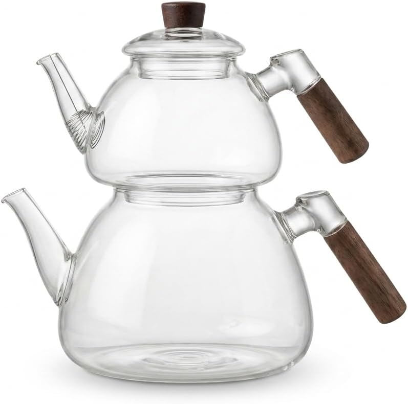 Deconox 1800 ml + 550 ml Akasya Cam Çaydanlık Takımı - Ahşap Kulplu, Isıya Dayanıklı Borosilikat Şeffaf Çaydanlık, Yaylı Süzgeçli Şık Lüks Tasarım