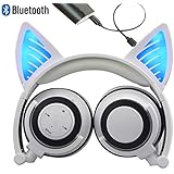 Bluetooth MIC Wiederaufladbare Wireless Headsets Katze Ohr faltbar einstellbare Flash Blue Light Kopfhörer für iPhone 7 / 6S / iPad, Android Handy, Macbook(Weiß)