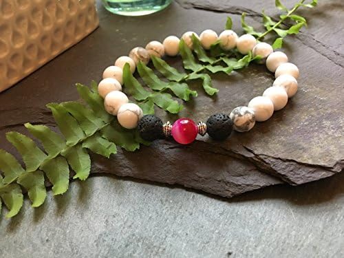 White Howlite, Pink Onyx and Lava Stone Bead Bracelet. Great for Essential Oils Aromatherapy