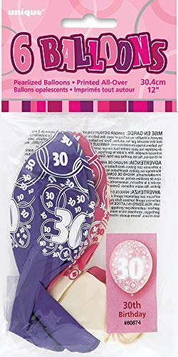 Imagen 2 de Unique Party Paquete de 6 Globos de látex de 30 cumpleaños, Color Rosa Brillante, 30 cm (80874)
