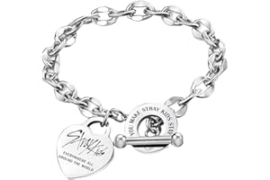 DEFGNOP Stray Pulsera de Acero Inoxidable Stray, Pulsera Unisex de Plata, con Colgante de CorazóN, con 1 Pegatina SKZ y 2 Tarjetas SKZ Photocard