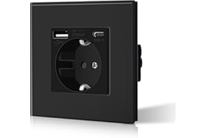 BSEED Enchufe de Pared Enchufe Estándar Schuko con 2.1A USB Mejorado Conector de Carga y Enchufe Tipo C con Panel de Cristal Fácil Instalación 86mm Negro