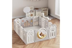 Ubaby Parque de Juegos para Bebé, con Puerta LED y Canasta + 20 Bolas -180x150 cm- Corralito Infantil Plegable de Plástico Seguro para Gateo, uso interno y externo (oso luna)