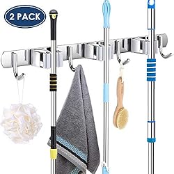 YOUTHINK Porte Balai Mural Mur Mop Monté Et Broom Holder, Broom Organiseur Balai Support en Acier Inoxydable à 3 Pinces et 4 Crochets Balai Gris Pour Cuisine Salle de Bains Jardin et Bureau 2 PCS