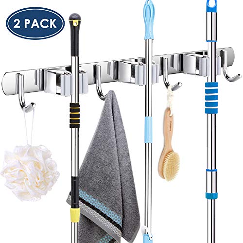 YOUTHINK Porte Balai Mural Mur Mop Monté Et Broom Holder, Broom Organiseur Balai Support en Acier Inoxydable à 3 Pinces et 4 Crochets Balai Gris Pour Cuisine Salle de Bains Jardin et Bureau 2 PCS