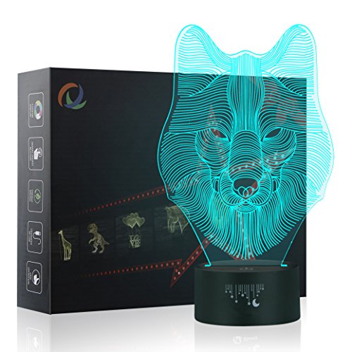 Lupo 3D Optical Illusion Lampada Luce Notturna ,Yunplus 7 cambiamento di colore pulsante tattile USB scrittorio LED lampada da tavolo luce