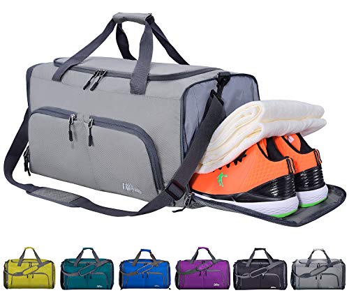CoCoMall Foldable Sports Gym Bag with Shoes Compartment & Wet Pocket, Lightweight Travel Duffel Bag (Grey)