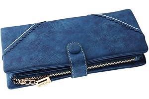 Bcony Moda Mujer Gran Capacidad Cartera/Monedero/Billetera/Bolso de la señora/de Cuero Larga con el botón y Construido en el Bolsillo de la Moneda, Azul Real