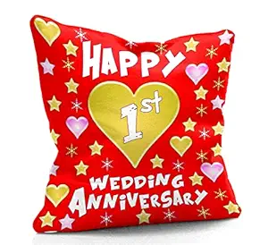 DreamVio Happy 1st Anniversary Cushion,Pillow for Gifting on Birthday's & Wedding to Couple,Husband, Wife, Friends Color : Red (12 x 12 inch)