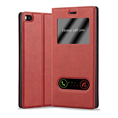 Huawei P8 Funda Estilo Libro de Cuero Sint  tico en ROJO AZRAF  N de Cadorabo  Dise  o VIEW      Cubierta Protectora con Cierre Magn  tico  Funci  n de Suporte y Doble Ventana     Protecci  n Carcasa Caja Etui Case Cover