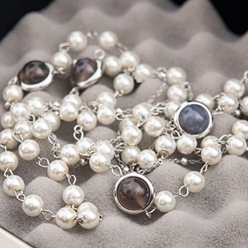 WeterCos (TM) Korean Vintage Necklace Roll Opals Double Deck Necklace Long Drop Kolye Simulated Pearl Jewelry For Women (silver color)