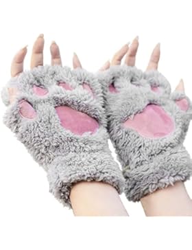 Honeysuck Girls lovely Cat Claw Paw Plush Winter Warm Mittens Short Half finger Gloves (grigio)