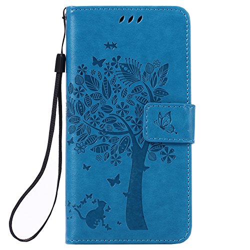 Sony Xperia Z3 Hülle Blau im Retro Wallet Design,Cozy Hut Sony Xperia Z3 Hülle Leadertasche Premium Lederhülle Flip Case im Bookstyle Folio Cover Kartenfächer Magnetverschluss und Standfunktion Leder Schale Etui für Sony Xperia Z3 (5,2 Zoll) Handytasche Schutzhülle Katzen und Bäume Muster - blau