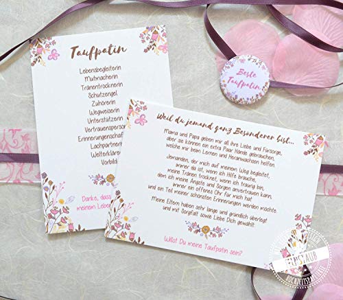 Taufpatin fragen, Geschenk Taufe, Dankeschön Patentante, 2 Karten mit Button, Willst du Patin sein