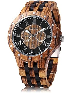 Bewell W116C Herren Holz Quarzuhr mit Luminous Datum Tagesanzeige (Ebenholz / Zebra Holz)