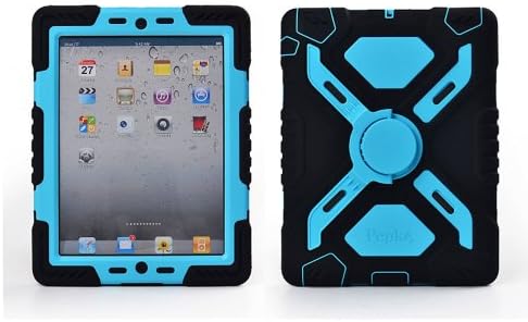 Hot Newest Ipad Mini Case Silicone Plastic Kid Proof Extreme Duty Dual Protective Back Cover with Kickstand and Sticker for Ipad Mini - Rainproof Sandproof Dust-proof Shockproof (Black/Blue)