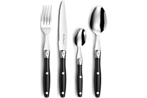 Lou Laguiole mostrador Cubertería de 24 Piezas, Acero Inoxidable, Negro